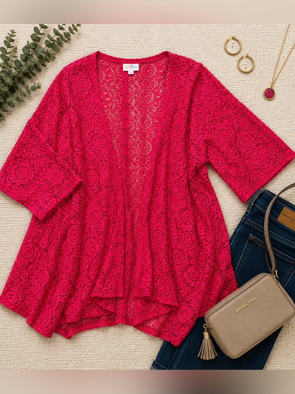 LuLaRoe Lindsey Lace Kimono Cardigan Medium Bright Red Floral Open  Cover Up
